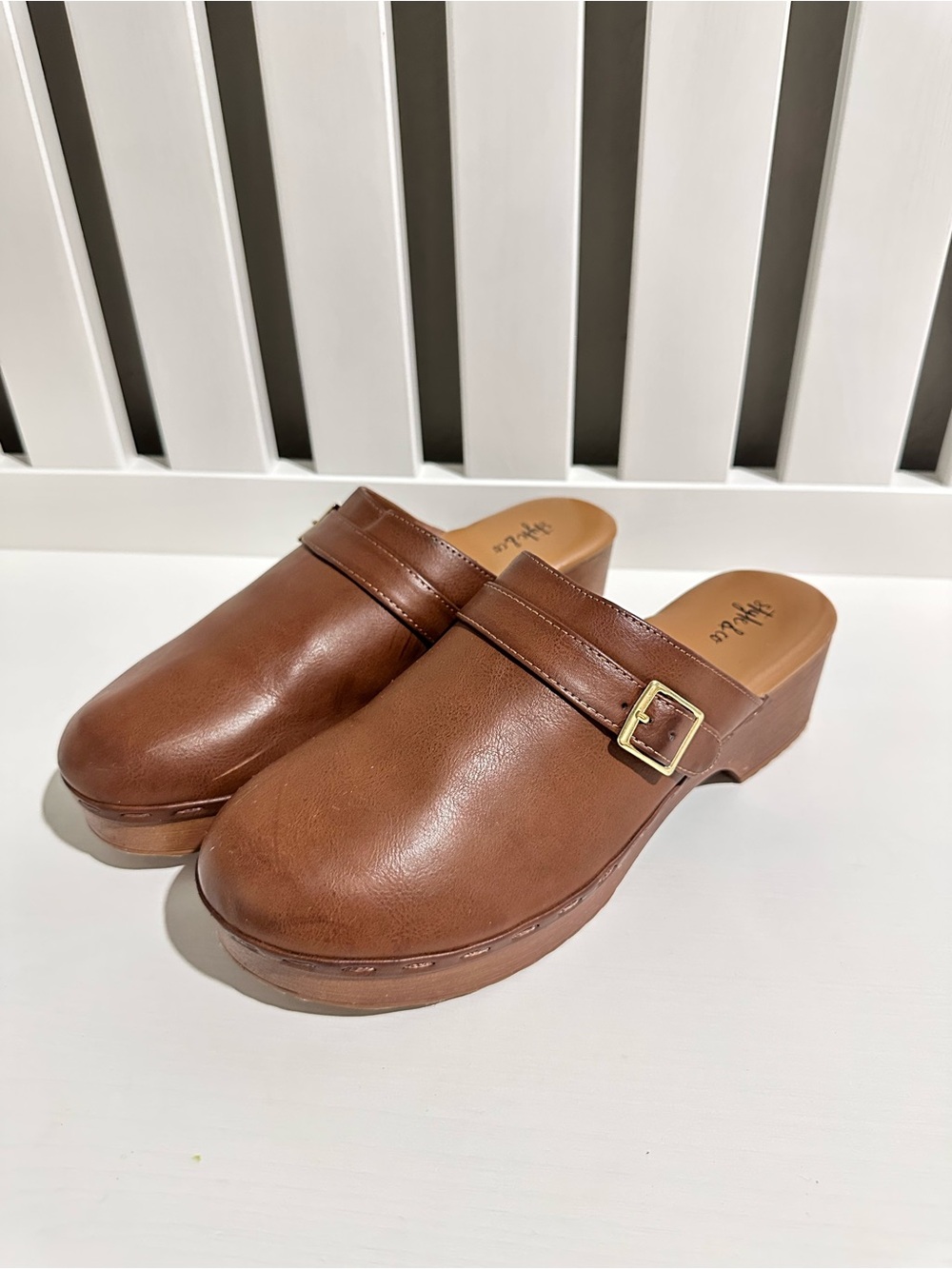 Women's Brown Leather Slip-On Clog with Buckle